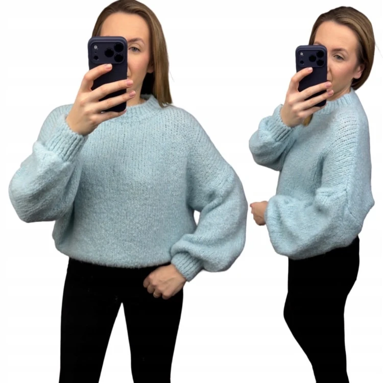 Sweter oversize błękitny pastel bufiaste rękawy chmurka 12% kid moher wełna- CLOUDY