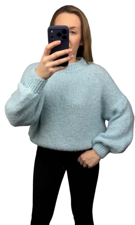 Sweter oversize błękitny pastel bufiaste rękawy chmurka 12% kid moher wełna- CLOUDY