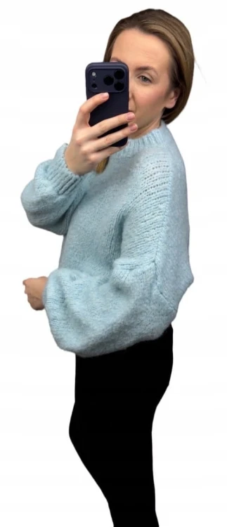 Sweter oversize błękitny pastel bufiaste rękawy chmurka 12% kid moher wełna- CLOUDY