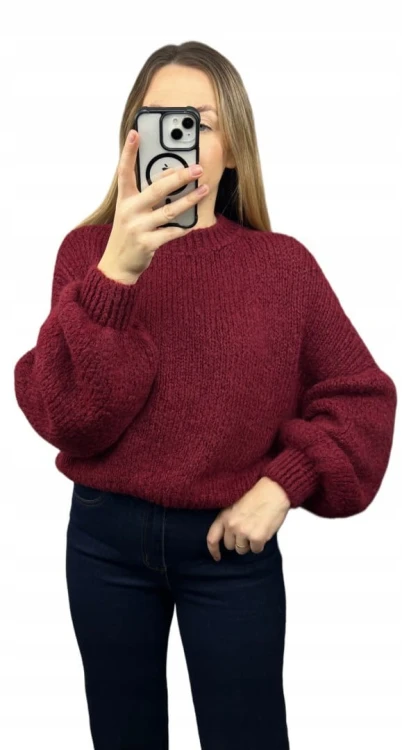 Sweter oversize bordowy bufiaste rękawy chmurka 12% kid moher wełna- CLOUDY