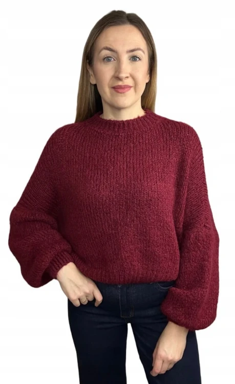 Sweter oversize bordowy bufiaste rękawy chmurka 12% kid moher wełna- CLOUDY