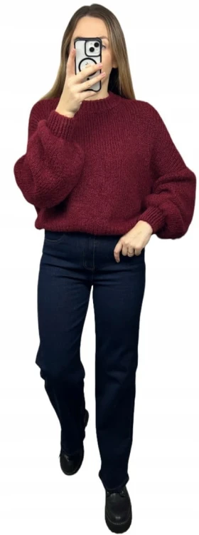 Sweter oversize bordowy bufiaste rękawy chmurka 12% kid moher wełna- CLOUDY