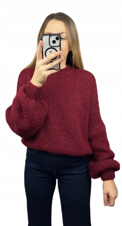 Sweter oversize bordowy bufiaste rękawy chmurka 12% kid moher wełna- CLOUDY