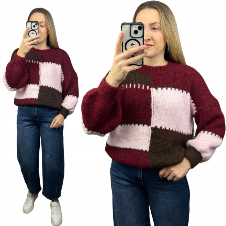 Sweter oversize bufiaste rękawy luźny patch wzorzysty bordo pudrowy róż- PATCHY