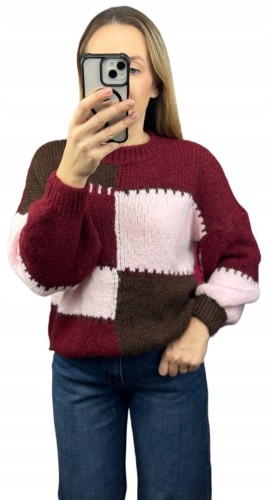 Sweter oversize bufiaste rękawy luźny patch wzorzysty bordo pudrowy róż- PATCHY