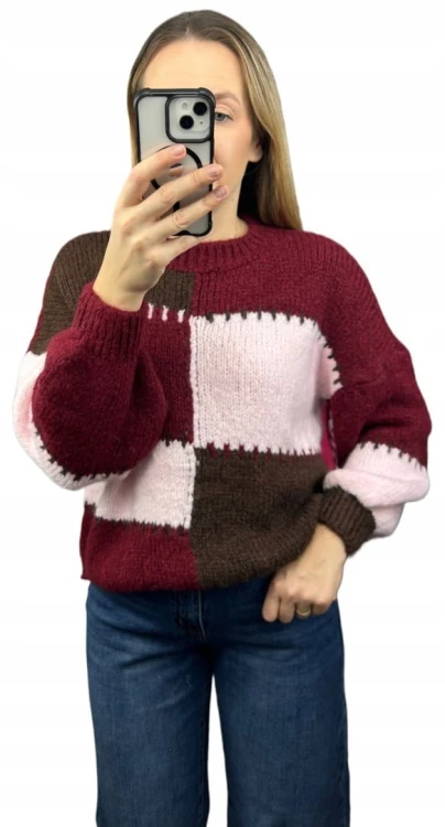Sweter oversize bufiaste rękawy luźny patch wzorzysty bordo pudrowy róż- PATCHY