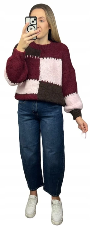 Sweter oversize bufiaste rękawy luźny patch wzorzysty bordo pudrowy róż- PATCHY