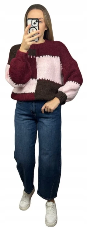 Sweter oversize bufiaste rękawy luźny patch wzorzysty bordo pudrowy róż- PATCHY
