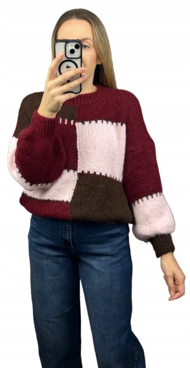 Sweter oversize bufiaste rękawy luźny patch wzorzysty bordo pudrowy róż- PATCHY
