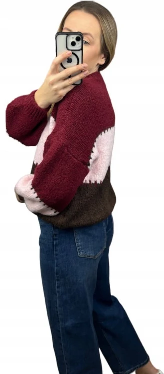 Sweter oversize bufiaste rękawy luźny patch wzorzysty bordo pudrowy róż- PATCHY