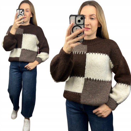 Sweter oversize bufiaste rękawy luźny patch wzorzysty brązowy śmietanka- PATCHY