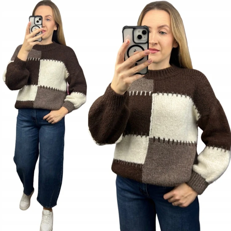 Sweter oversize bufiaste rękawy luźny patch wzorzysty brązowy śmietanka- PATCHY
