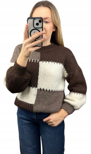 Sweter oversize bufiaste rękawy luźny patch wzorzysty brązowy śmietanka- PATCHY