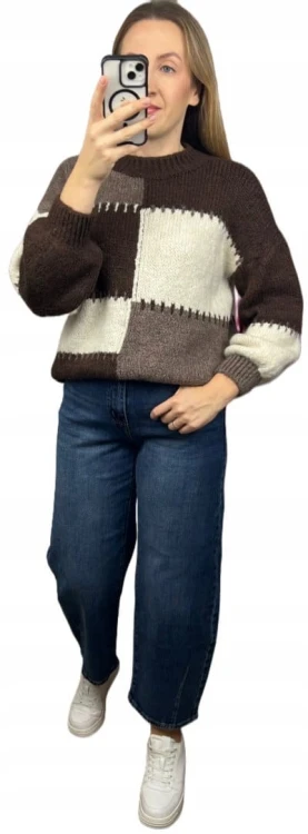 Sweter oversize bufiaste rękawy luźny patch wzorzysty brązowy śmietanka- PATCHY