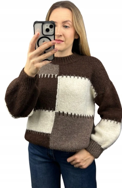 Sweter oversize bufiaste rękawy luźny patch wzorzysty brązowy śmietanka- PATCHY