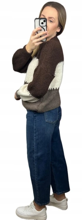 Sweter oversize bufiaste rękawy luźny patch wzorzysty brązowy śmietanka- PATCHY