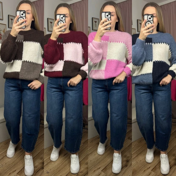 Sweter oversize bufiaste rękawy luźny patch wzorzysty brązowy śmietanka- PATCHY