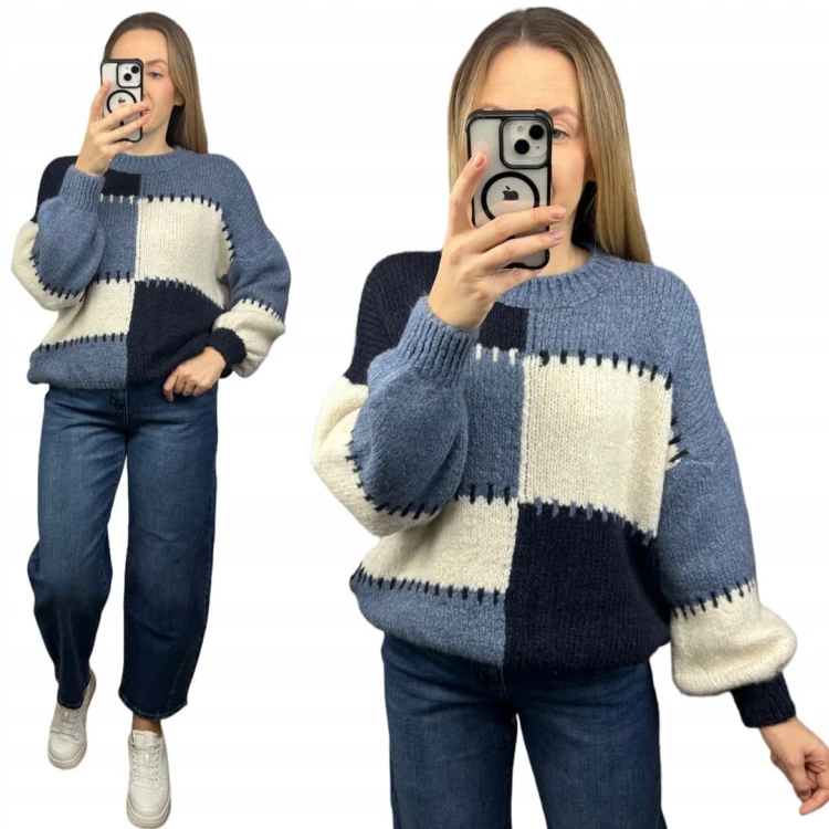 Sweter oversize bufiaste rękawy luźny patch wzorzysty niebieski śmietanka- PATCHY