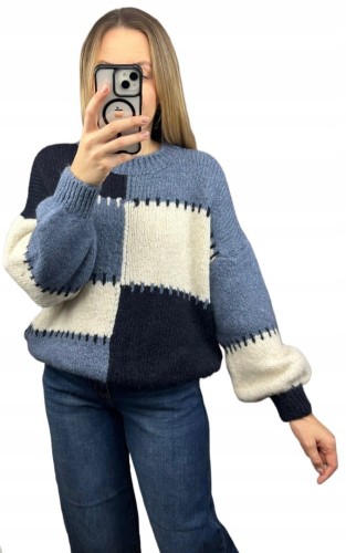 Sweter oversize bufiaste rękawy luźny patch wzorzysty niebieski śmietanka- PATCHY