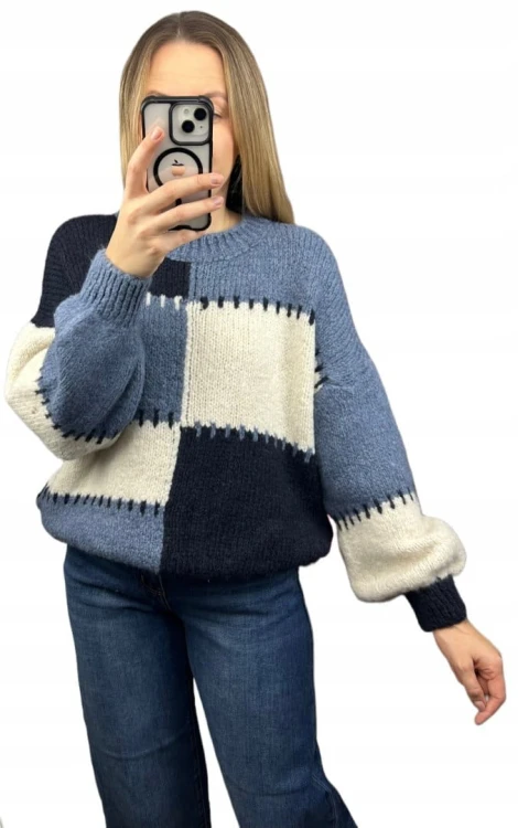 Sweter oversize bufiaste rękawy luźny patch wzorzysty niebieski śmietanka- PATCHY