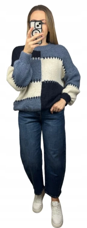 Sweter oversize bufiaste rękawy luźny patch wzorzysty niebieski śmietanka- PATCHY