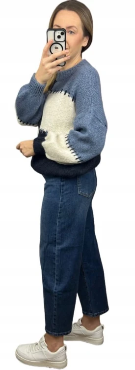 Sweter oversize bufiaste rękawy luźny patch wzorzysty niebieski śmietanka- PATCHY