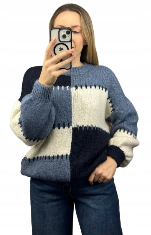 Sweter oversize bufiaste rękawy luźny patch wzorzysty niebieski śmietanka- PATCHY