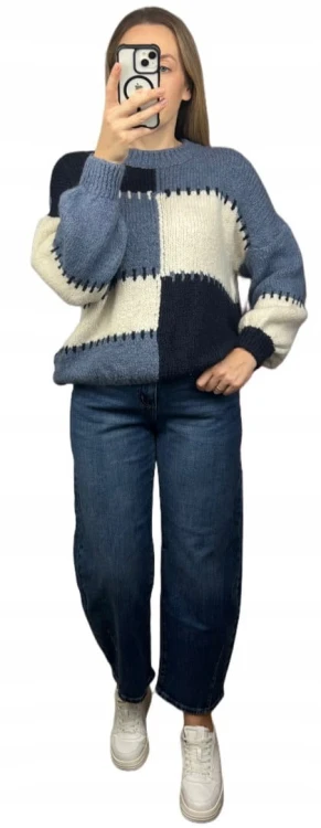 Sweter oversize bufiaste rękawy luźny patch wzorzysty niebieski śmietanka- PATCHY