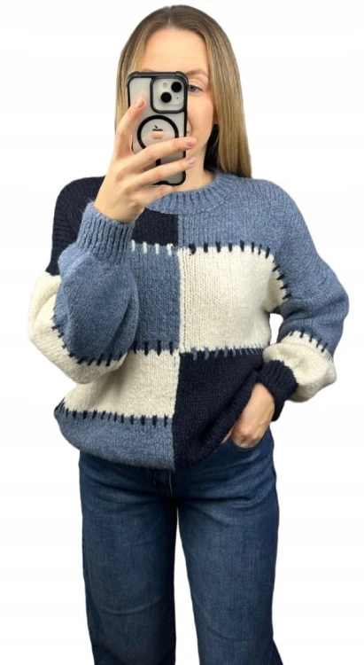 Sweter oversize bufiaste rękawy luźny patch wzorzysty niebieski śmietanka- PATCHY