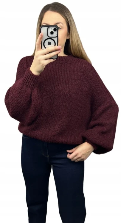 Sweter oversize burgund bufiaste rękawy chmurka 12% kid moher wełna- CLOUDY