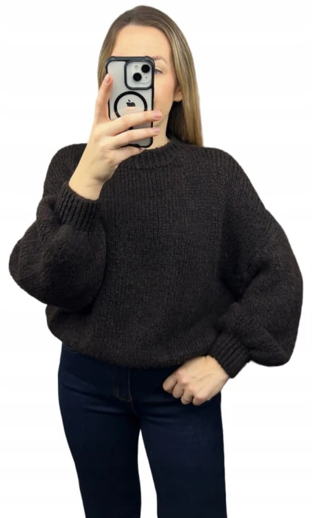 Sweter oversize czekoladowy bufiaste rękawy chmurka 12% kid moher wełna- CLOUDY