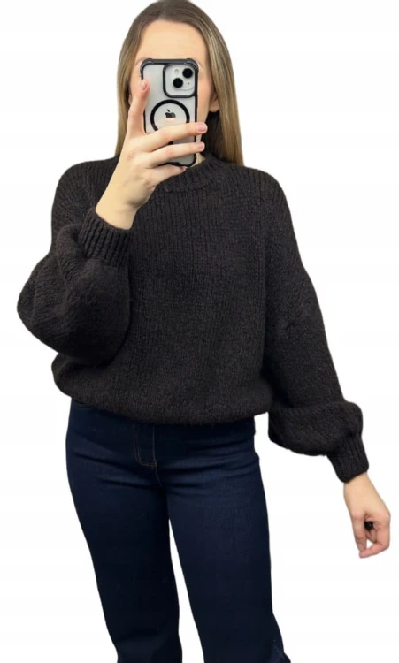 Sweter oversize czekoladowy bufiaste rękawy chmurka 12% kid moher wełna- CLOUDY
