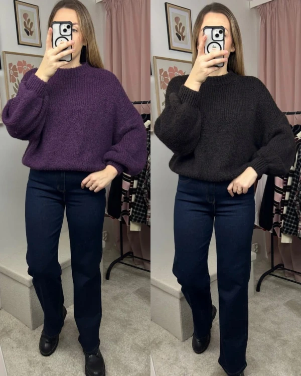 Sweter oversize czekoladowy bufiaste rękawy chmurka 12% kid moher wełna- CLOUDY