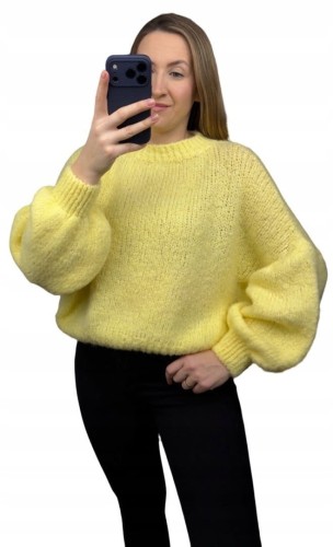 Sweter oversize żółty pastelowy bufiaste rękawy chmurka 12% kid moher wełna- CLOUDY