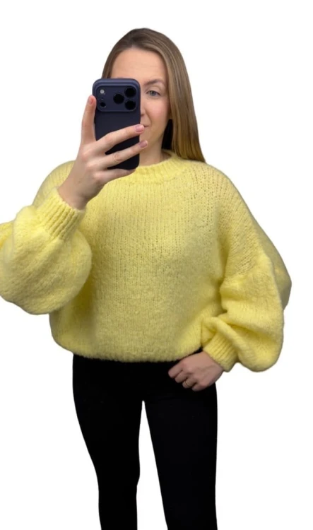 Sweter oversize żółty pastelowy bufiaste rękawy chmurka 12% kid moher wełna- CLOUDY