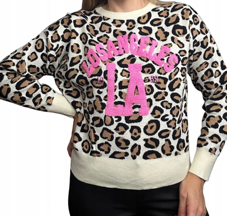 Sweterek w panterkę cętki LOS ANGELES wiskoza karmelowy haft S M L XL