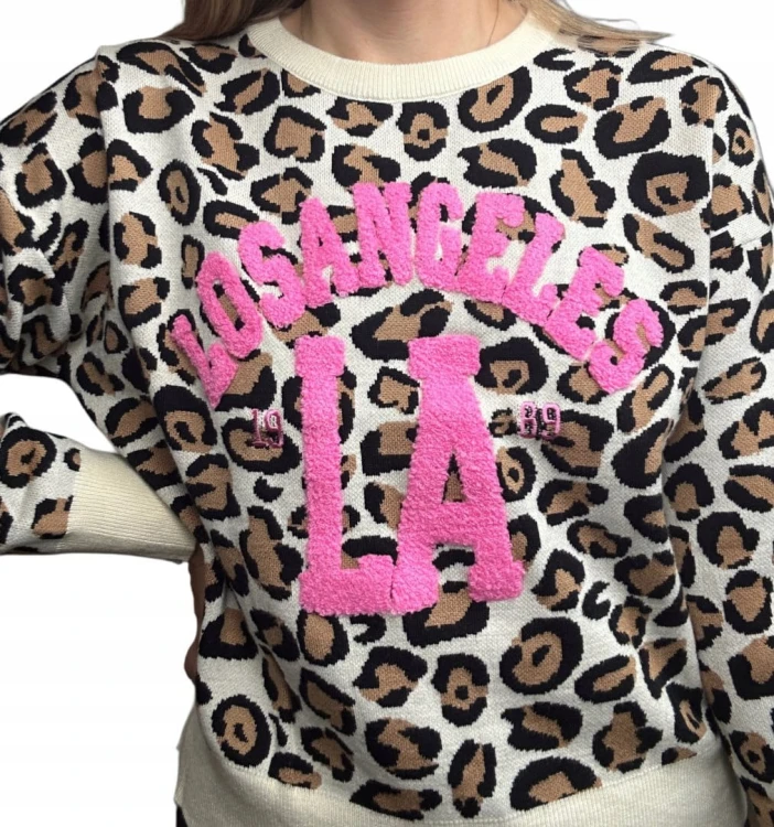 Sweterek w panterkę cętki LOS ANGELES wiskoza karmelowy haft S M L XL