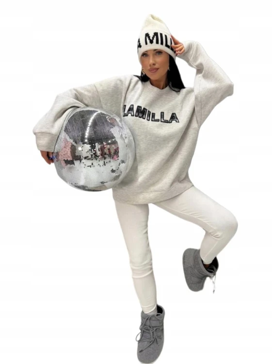 Szara melanżowa bluza z haftem logo LAMILLA oversize bawełniana La Milla- COZY LABEL