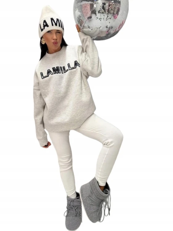 Szara melanżowa bluza z haftem logo LAMILLA oversize bawełniana La Milla- COZY LABEL