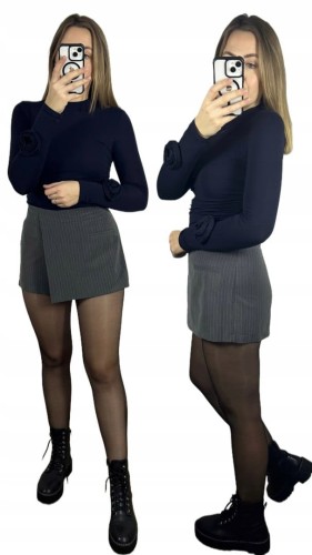 Szare garniturowe spódnico-spodenki na zakładkę w pionowe paski S- GARNITTY