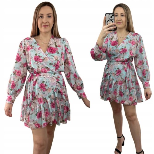 Szlafrokowa kopertowa krótka sukienka w kwiaty falbanka rękaw miętowa róż