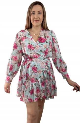 Szlafrokowa kopertowa krótka sukienka w kwiaty falbanka rękaw miętowa róż