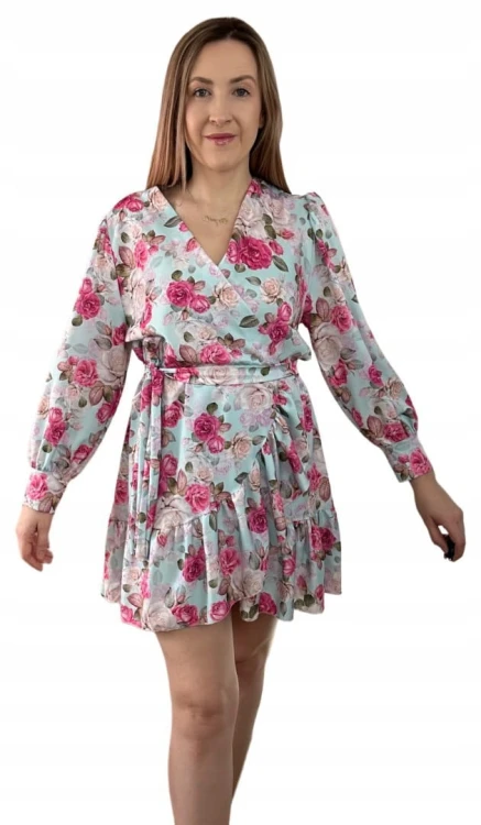 Szlafrokowa kopertowa krótka sukienka w kwiaty falbanka rękaw miętowa róż