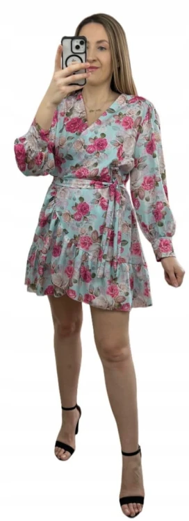 Szlafrokowa kopertowa krótka sukienka w kwiaty falbanka rękaw miętowa róż