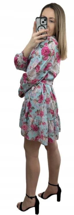 Szlafrokowa kopertowa krótka sukienka w kwiaty falbanka rękaw miętowa róż