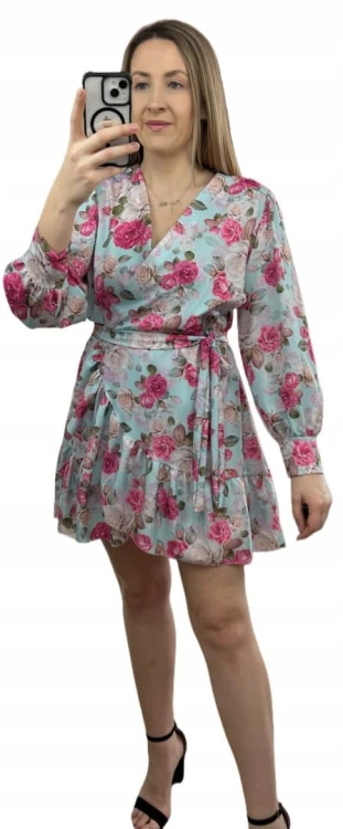 Szlafrokowa kopertowa krótka sukienka w kwiaty falbanka rękaw miętowa róż