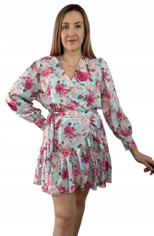 Szlafrokowa kopertowa krótka sukienka w kwiaty falbanka rękaw miętowa róż