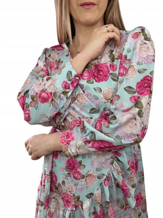 Szlafrokowa kopertowa krótka sukienka w kwiaty falbanka rękaw miętowa róż