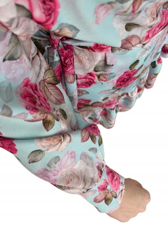 Szlafrokowa kopertowa krótka sukienka w kwiaty falbanka rękaw miętowa róż