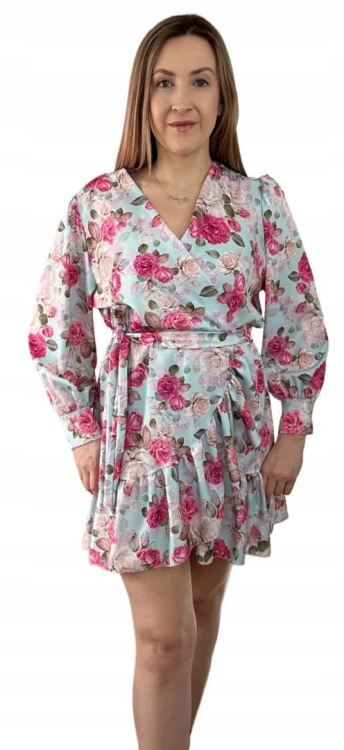 Szlafrokowa kopertowa krótka sukienka w kwiaty falbanka rękaw miętowa róż